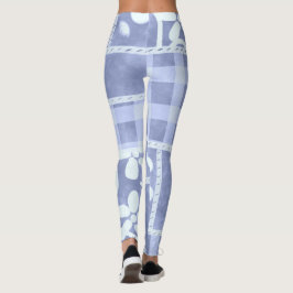 Leggings Crazy Quilt Blue Gingham Floral Pattern
