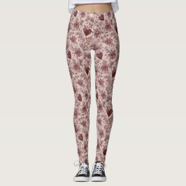 Leggings Cream Burgundy Red Hearts Flowers