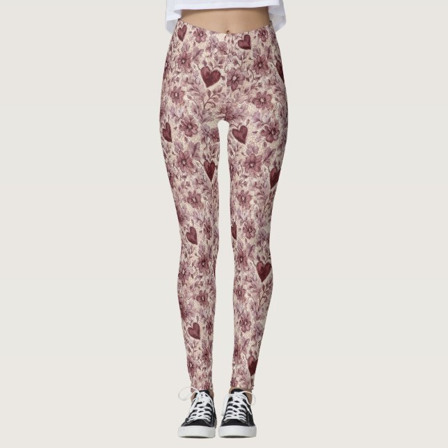 Leggings Cream Burgundy Red Hearts Flowers (Anverso)