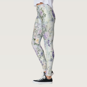 Leggings Crema Floral Romántica Lavanda Púrpura