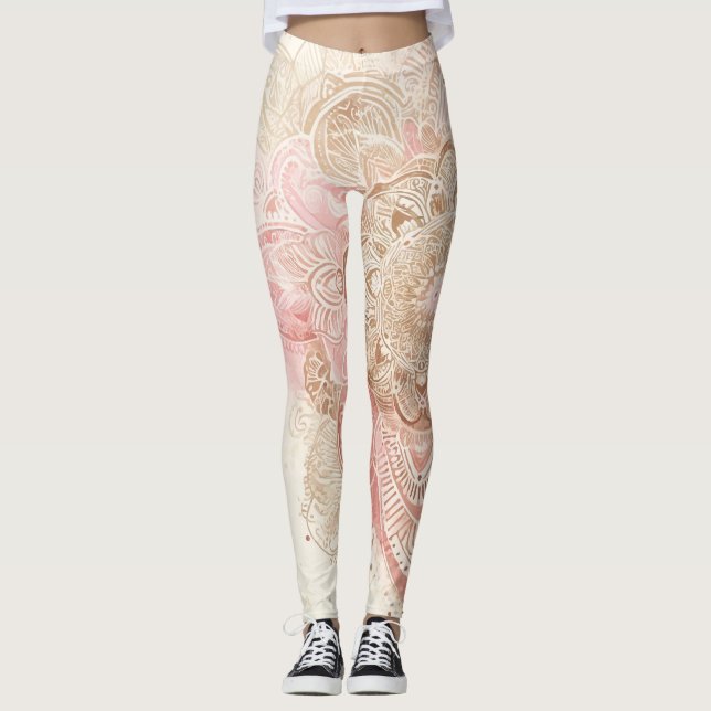 Leggings Crema marrón rosa Mandala Moda bohemia (Anverso)