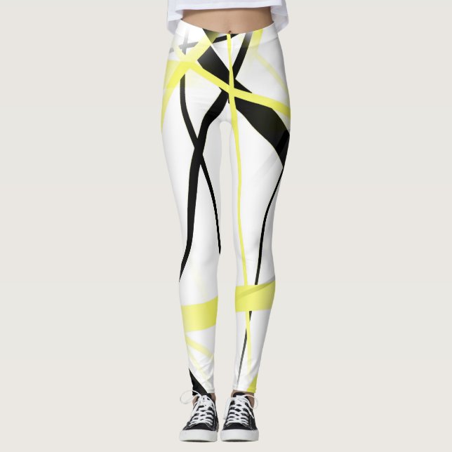 Leggings Criss cruzó amarillo limón y rayas negras en Wh (Anverso)