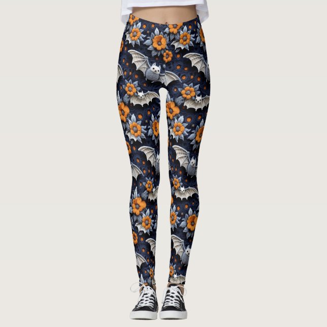 Leggings Crochet Look Halloween Bats y flores Naranjas (Anverso)