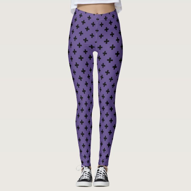 Leggings Cruces de polka negra sobre ultravioleta (Anverso)