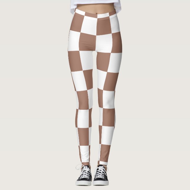 Leggings Cuadrados de damero mocha marrón blanco geométrico (Anverso)
