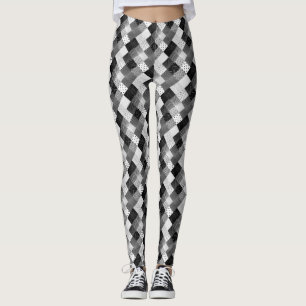 Leggings cuadrados de tela de mosaico de color blanco y neg