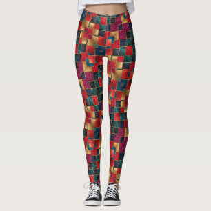 Leggings Cuadrados rojo dorado y azul