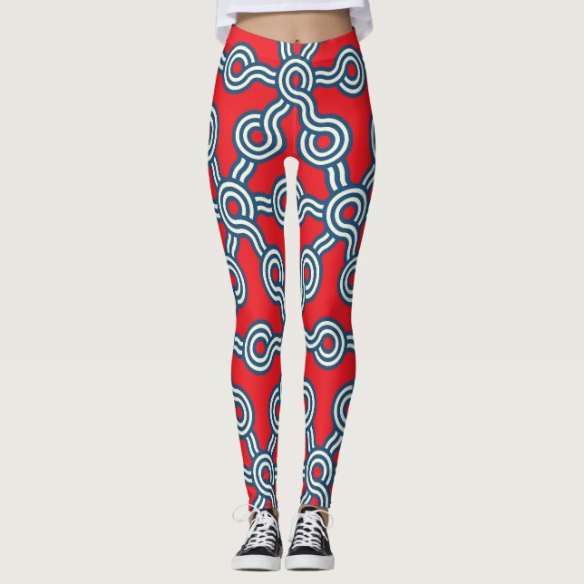 Leggings Cuadrícula hexagonal, azul rojo, patrón geométrico (Anverso)