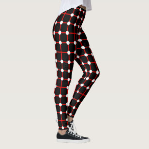 Leggings Cuadrícula Roja y Patrón de Punto Blanco sobre Neg