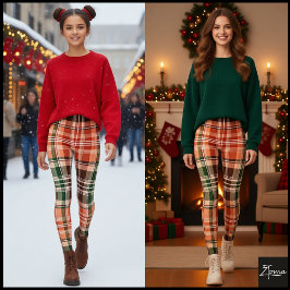 Leggings Cuadro Escocés Naranja Verde Marrón Oscuro Rústico