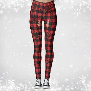 Leggings Cuadro Escocés Rojo Negro Tartán Reno Cabaña Campo