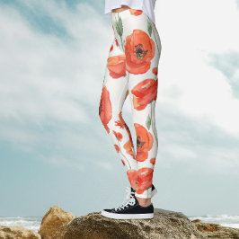 Leggings Cuadros Art Red White Poppy Negrita Floral Waterco