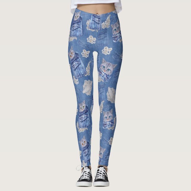 Leggings Cubos de Denim Jean, gatitos y encaje (Anverso)