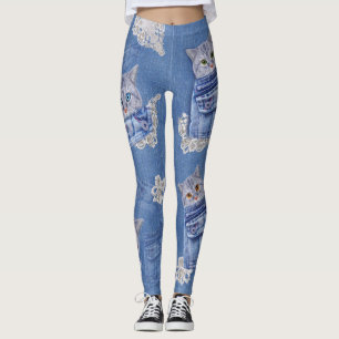 Leggings Cubos de Denim Jean, gatitos y encaje