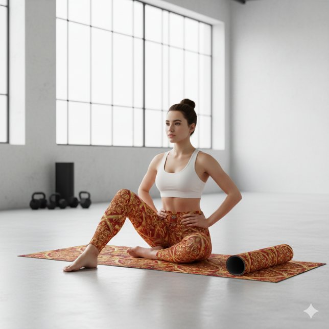 Leggings Custom Fit Golden Red Ornate: Opulent Activewear (Find your balance in style! Golden Red ornate leggings & matching yoga mat for your mindful workout.)