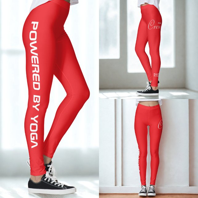 Leggings Custom Print Yoga Crew Bright Red (Bright red yoga leggings. Three views.)