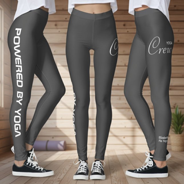 Leggings Custom Print Yoga Crew Dark Grey (Grey yoga leggings shown from 3 angles in a wood yoga studio.)