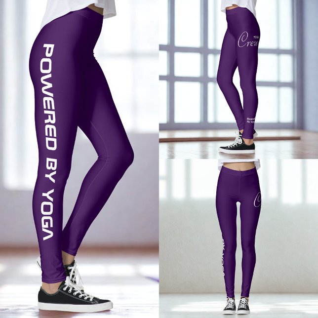 Leggings Custom Print Yoga Crew Dark Purple (Dark purple leggings show in three different views.)