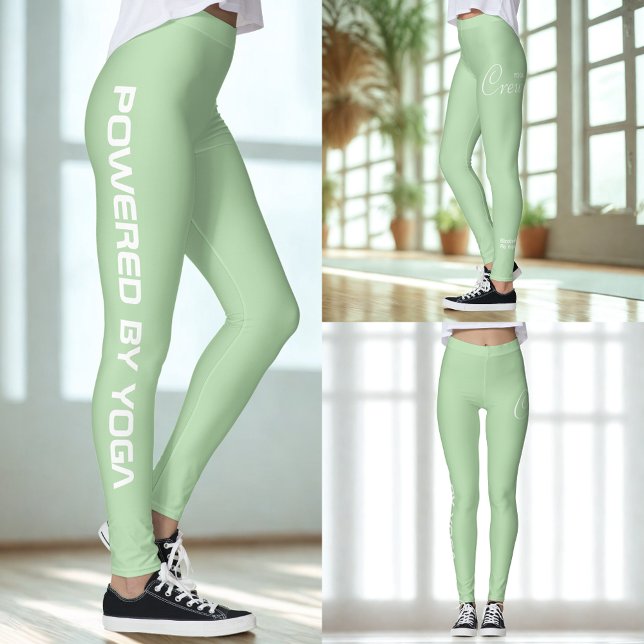 Leggings Custom Print Yoga Crew Pale Green (Pale green yoga leggings shown from 3 views.)