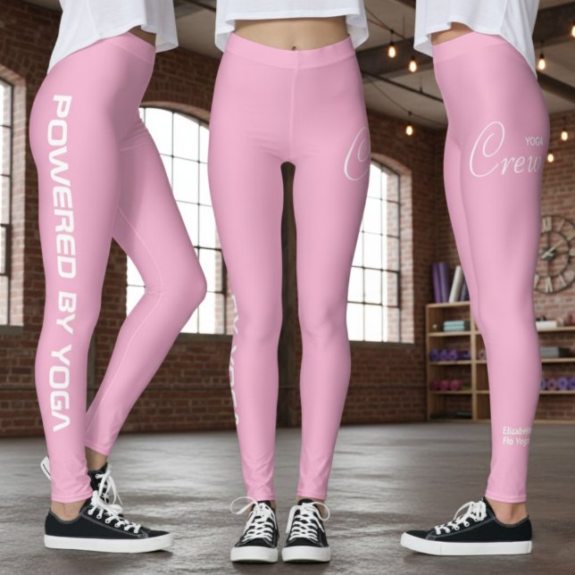 Leggings Custom Print Yoga Crew Soft Light Pink (Soft pink yoga leggings shown from 3 angles.)