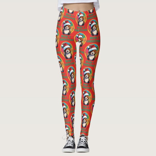 Leggings Cute Adorable Kawaii Chibi Oso Navidad (Anverso)