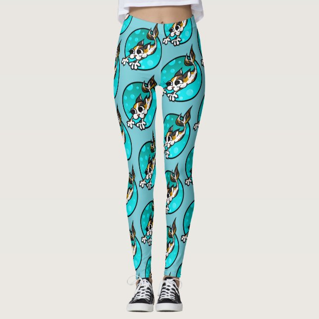 LEGGINGS CUTE CALICO KITTY CAT MERMAID TURQUISE LEGGININS (Anverso)