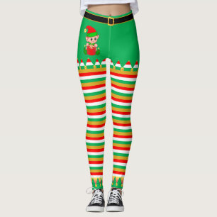 Leggings Cute duende de Navidad y campanas en rayas