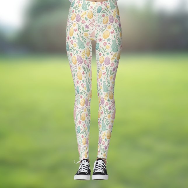 Leggings Cute Easter Bunnies with Pastel Eggs and Ferns (Subido por el creador)