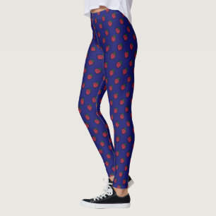 Leggings Cute Fresa Roja de Lunares en Azul Oscuro