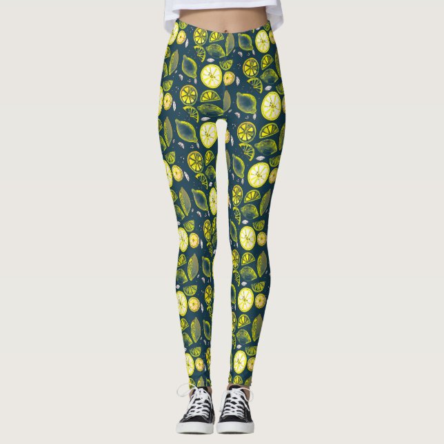 Leggings Cute Fresco verano Citrus de limón Doodle Azul Ama (Anverso)