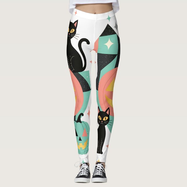 Leggings Cute Geometric Pastel Halloween Black Cats Pumpkin (Anverso)