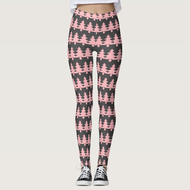 Leggings Cute Gris Rosa Árboles de Navidad Patrón de mujere (Anverso)