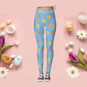 Leggings Cute Happy Easter Bunny Eggs Floral Blue