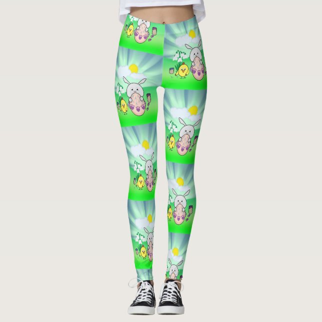 Leggings Cute Kawaii Bunny y chica Feliz Pascua (Anverso)