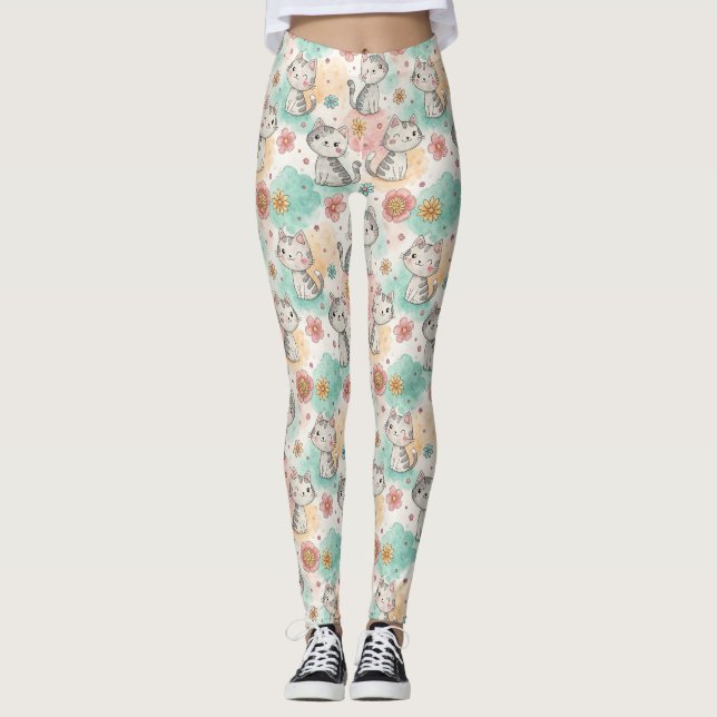 Leggings Cute kawaii cats kitty color pastel patrón (Anverso)