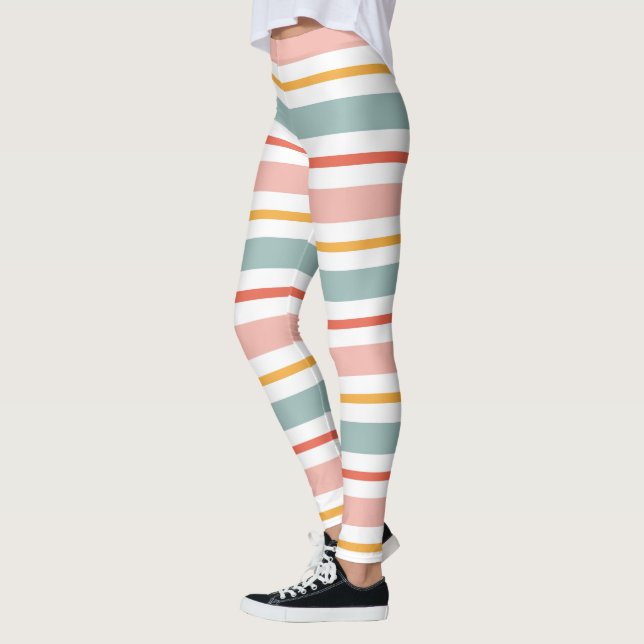Leggings Cute Pastel Horizontal Stripes Boho Pink Teal Yell (Izquierda)