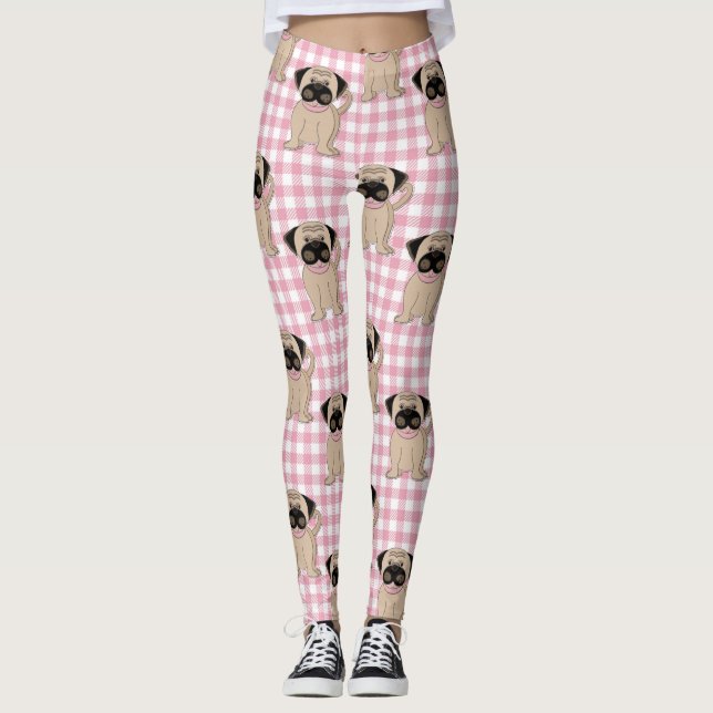 Leggings Cute pugs en cheques rosados (Anverso)
