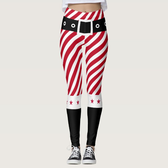 Leggings Cute Red White Stripes Candy Cane Stars Navidades (Anverso)