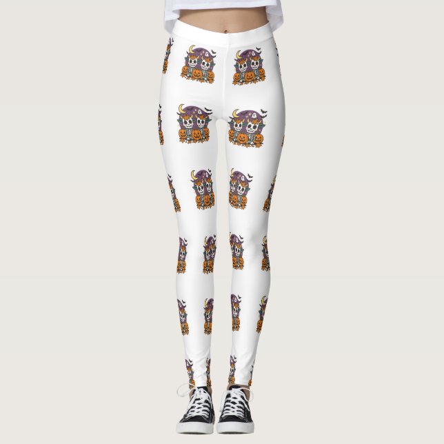 Leggings Cute Spooky Skeleton Cows with Pumpkins  (Anverso)