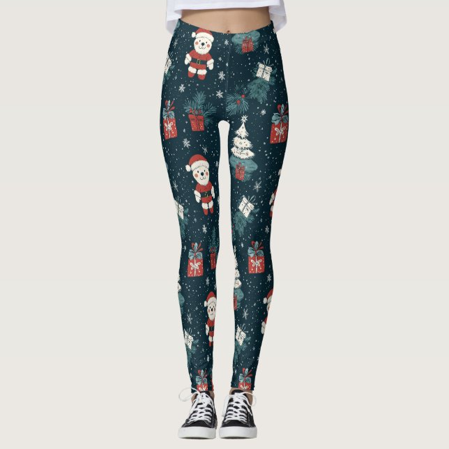Leggings Cute Teddy Bear & Santa on Dark Green (1) (Anverso)