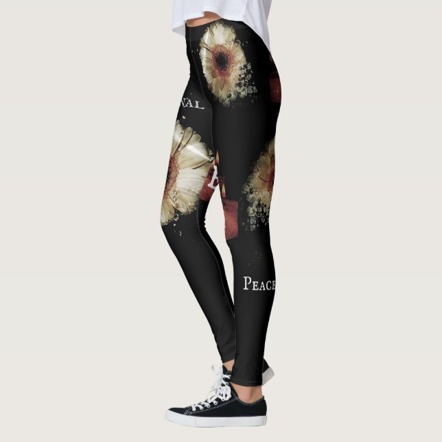 Leggings Cute White Love Flores Patrón floral Negro (Izquierda)