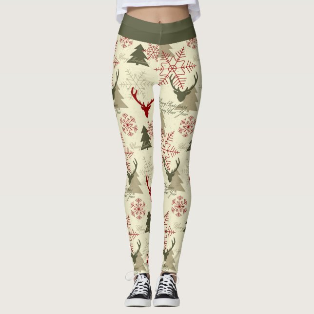 Leggings Cuto Árbol de Navidad Deer Verde Patrón Rojo Festi (Anverso)