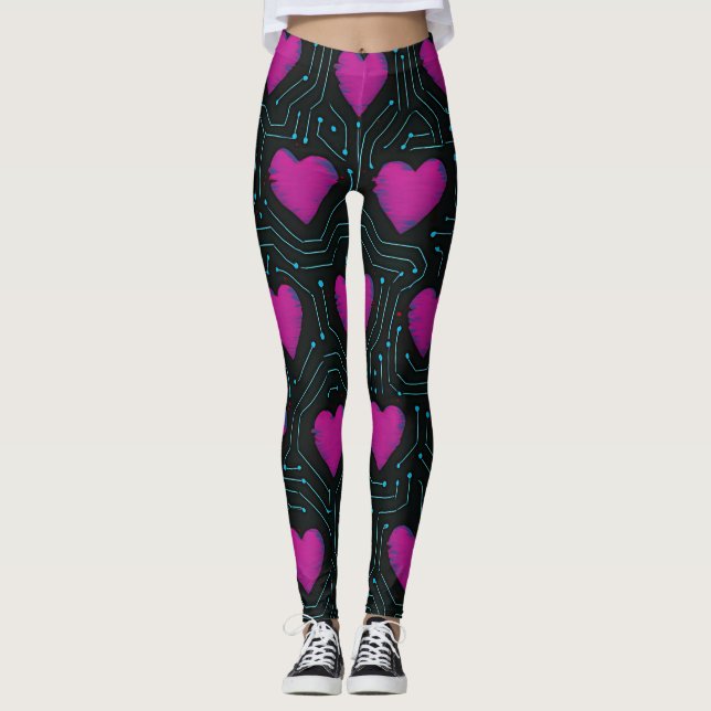 Leggings Cyber Love Circuit – Tech Heart Pattern Design (Anverso)