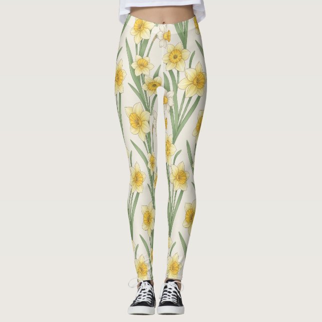 Leggings Daffodil Spring Floral in Soft Yellow and Green 4 (Anverso)