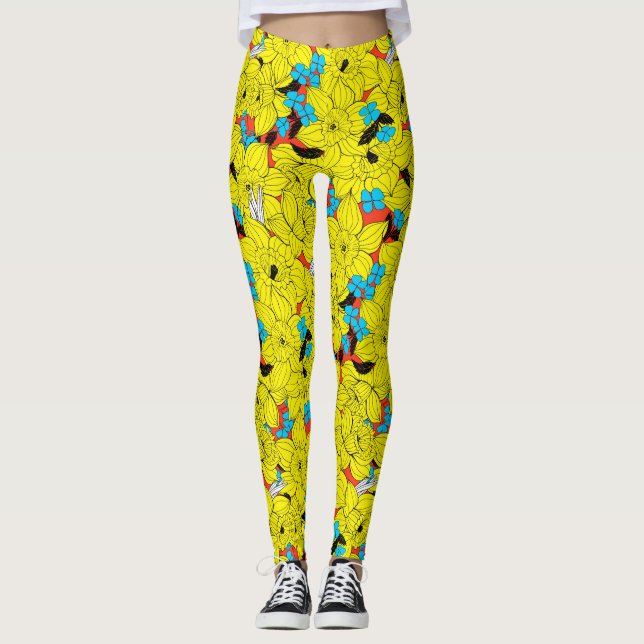 Leggings Daffodils patrón floral de primavera (Anverso)