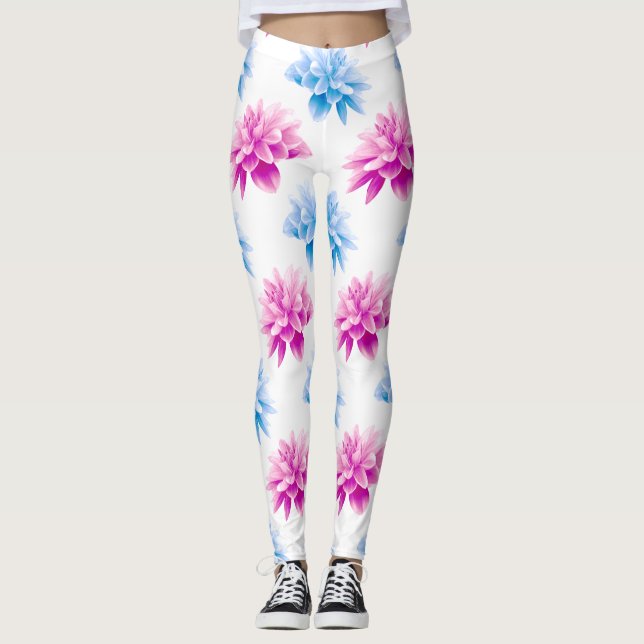 Leggings Dahlia rosa, Dahla azul, patrón floral, flores (Anverso)
