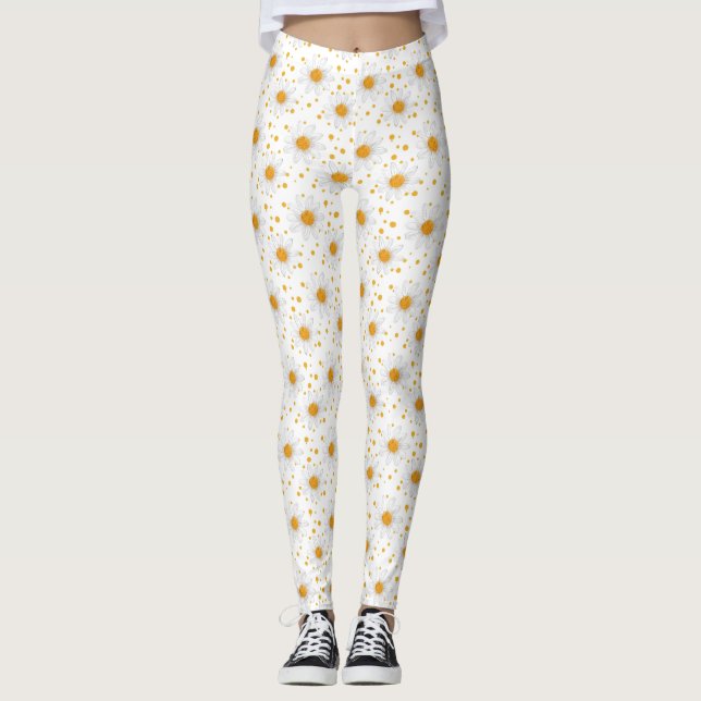 Leggings Daisies blancos brillantes con centros amarillos (Anverso)