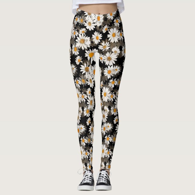 Leggings Daisies blancos sobre el patrón floral negro (Anverso)