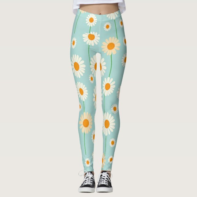 Leggings Daisies blancos sobre fondo azul claro (Anverso)