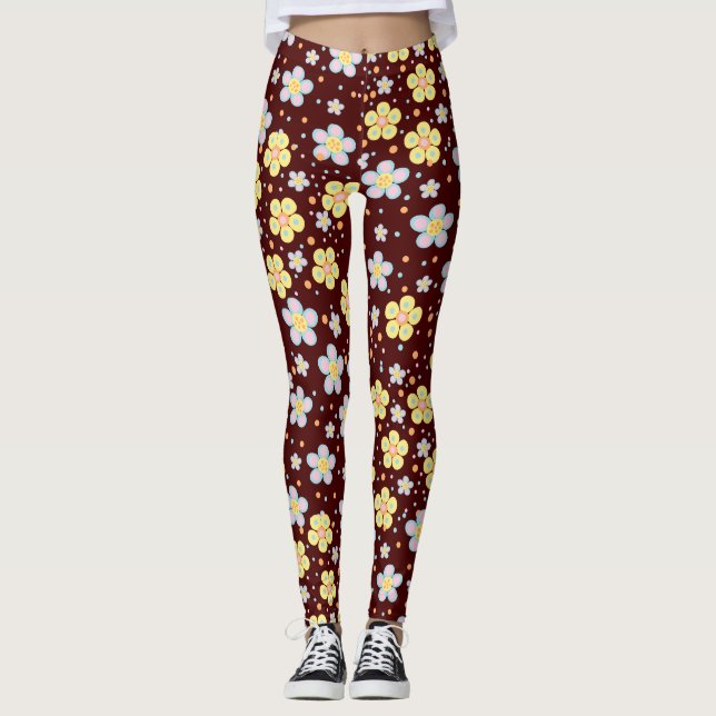 Leggings Daisies florecientes. Rojo amarillo y rosa D BG (Anverso)